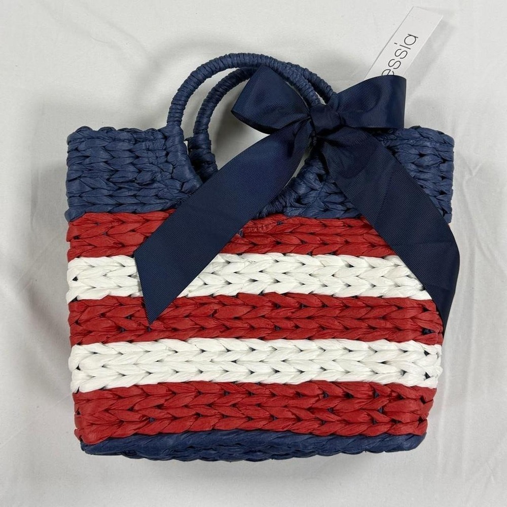 Alessia Red White Blue Striped Woven Straw Tote Bag Bow G126 Patriotic Handbag